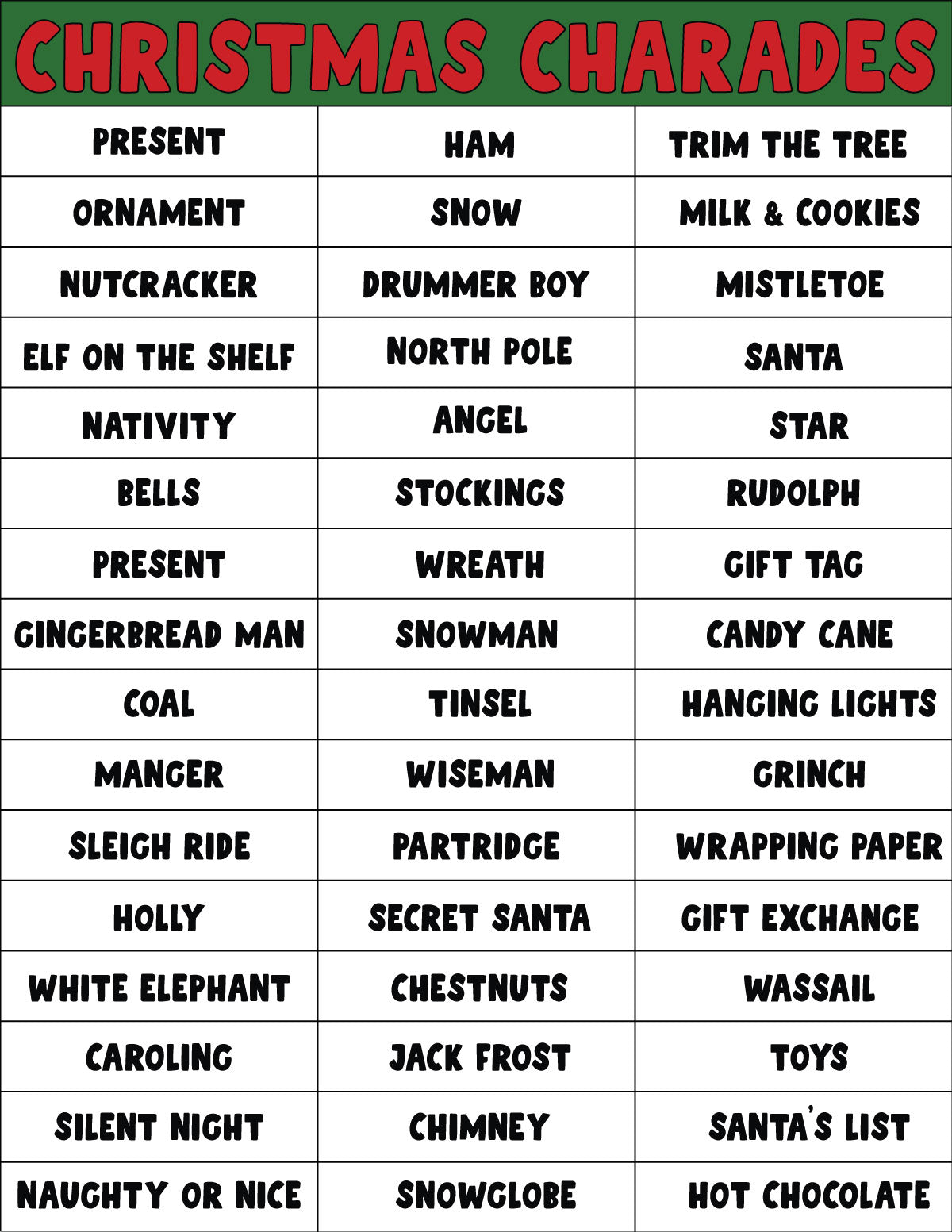 Christmas Charades (100 words!) – Play Party Plan for Christmas Pictionary Words Printable Free